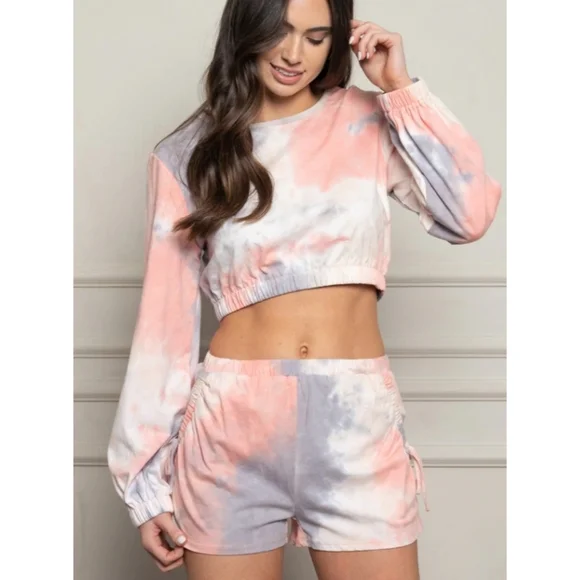 2 piece pink & purple tie dye crop top & ruched short lounge wear jogger set - Picture 2 of 5